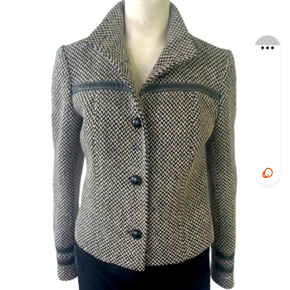 MICHAEL KORS BLACK WHITE COAT WOOL JACKET FULLY LINED LEATHER WOMEN SIZE 4